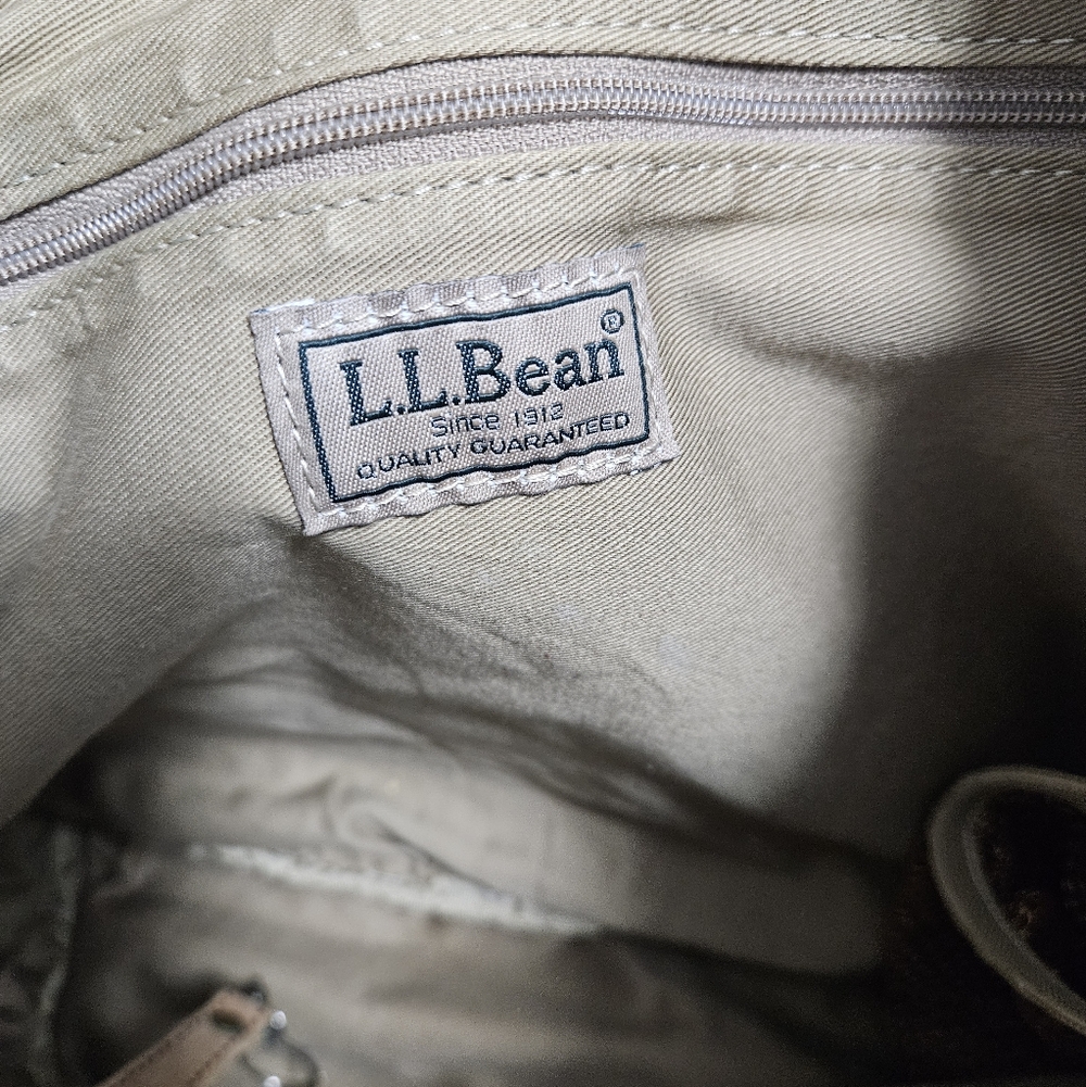 L.L. Bean Vintage Tan Beige Leather Canvas Travel Tote Bag Classic Preppy Purse - Picture 10 of 13